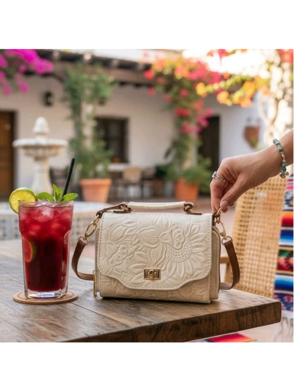 Ivory White Sunflower Embossed Tooled Artisan LEATHER Crossbody Purse Wallet